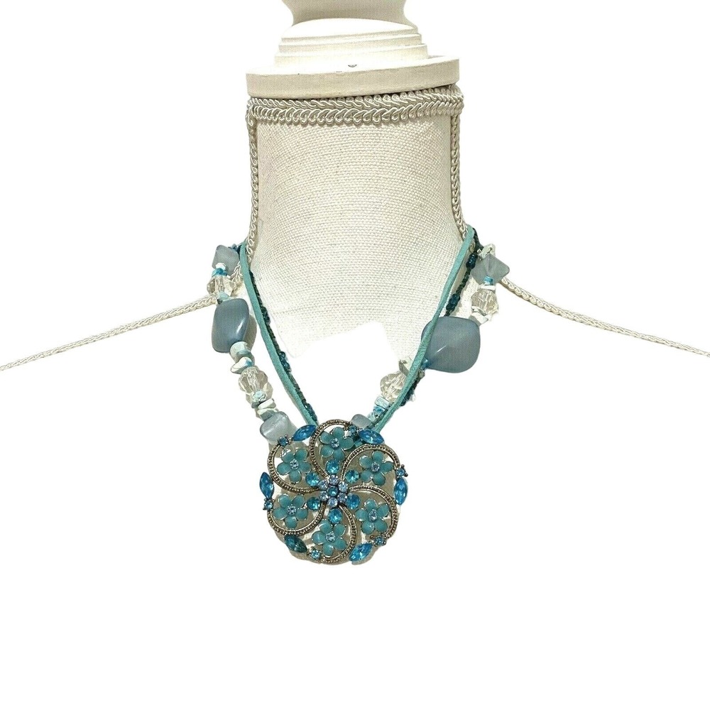 Boho Multi Strand Floral Choker Necklace Blue Green Hippie Retro Fairy Flower